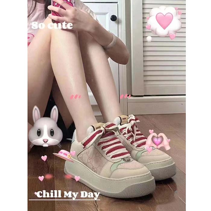 Gucci Unisex Screener Sneaker Pink GG Canvas Bi-Color Chunky Laces
