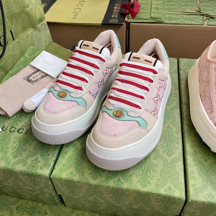 Gucci Unisex Screener Sneaker Pink GG Canvas Bi-Color Chunky Laces