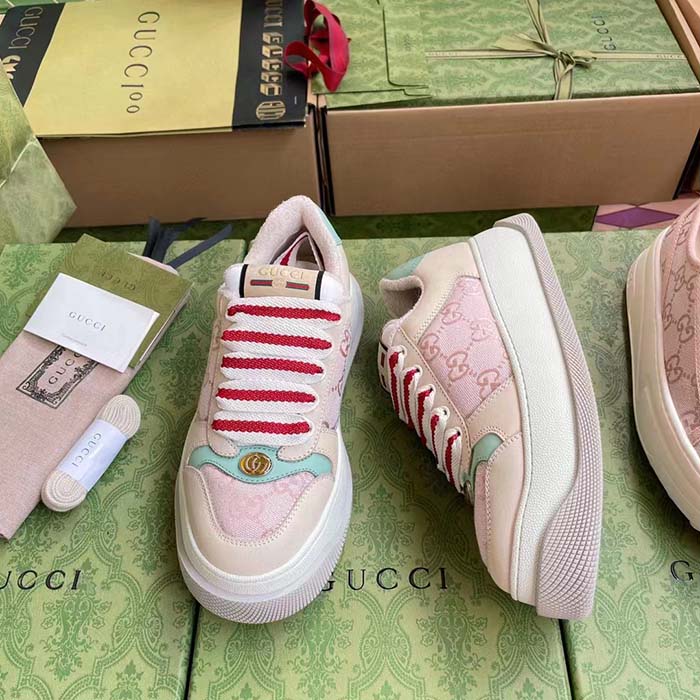 Gucci Unisex Screener Sneaker Pink GG Canvas Bi-Color Chunky Laces