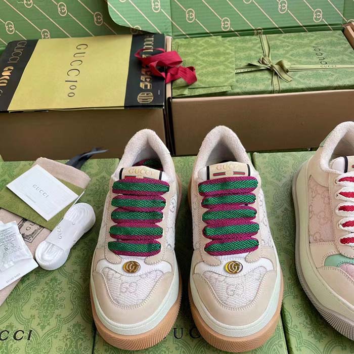 Gucci Unisex Screener Sneaker White GG Lamé Canvas Bi-Color Chunky Laces