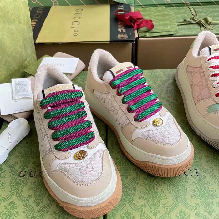 Gucci Unisex Screener Sneaker White GG Lamé Canvas Bi-Color Chunky Laces