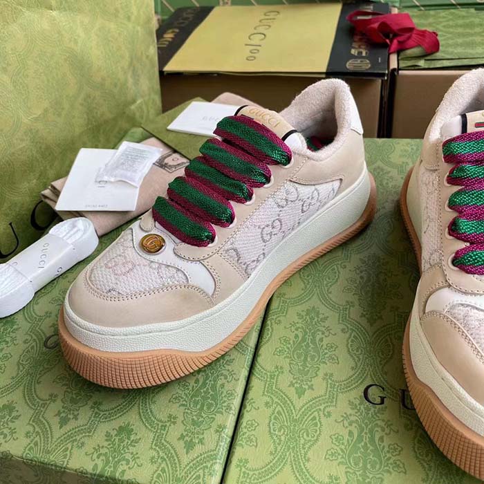 Gucci Unisex Screener Sneaker White GG Lamé Canvas Bi-Color Chunky Laces