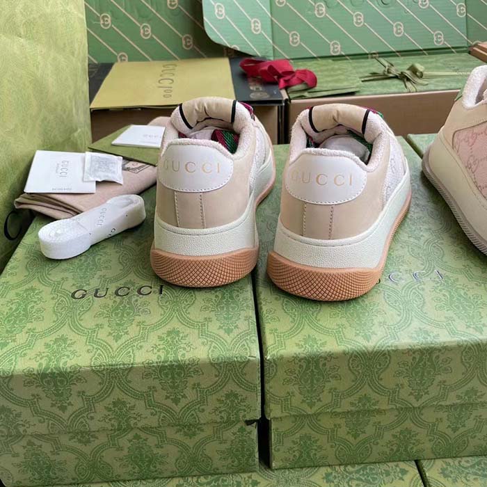 Gucci Unisex Screener Sneaker White GG Lamé Canvas Bi-Color Chunky Laces