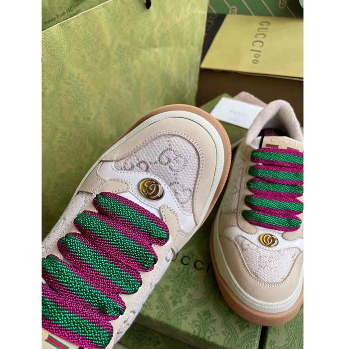 Gucci Unisex Screener Sneaker White GG Lamé Canvas Bi-Color Chunky Laces