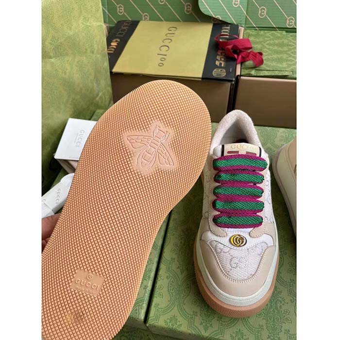 Gucci Unisex Screener Sneaker White GG Lamé Canvas Bi-Color Chunky Laces