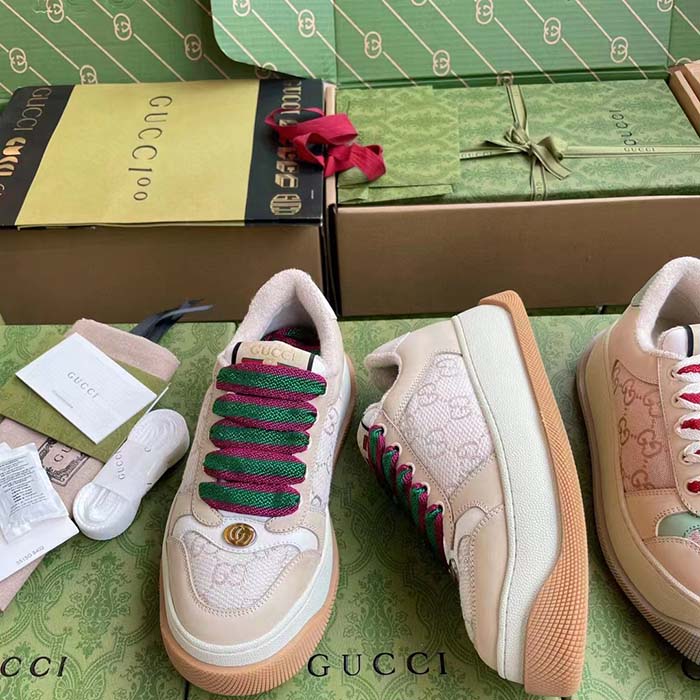 Gucci Unisex Screener Sneaker White GG Lamé Canvas Bi-Color Chunky Laces