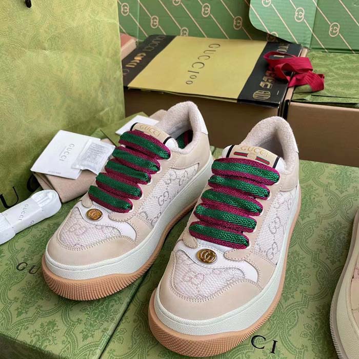 Gucci Unisex Screener Sneaker White GG Lamé Canvas Bi-Color Chunky Laces