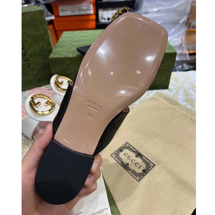 Gucci Women GG Blondie Thong Sandal Black Leather Round Interlocking G 1.5 CM Heel