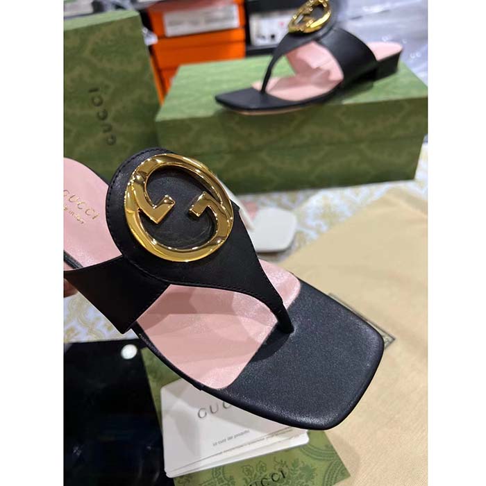 Gucci Women GG Blondie Thong Sandal Black Leather Round Interlocking G 1.5 CM Heel