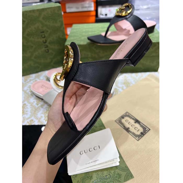 Gucci Women GG Blondie Thong Sandal Black Leather Round Interlocking G 1.5 CM Heel