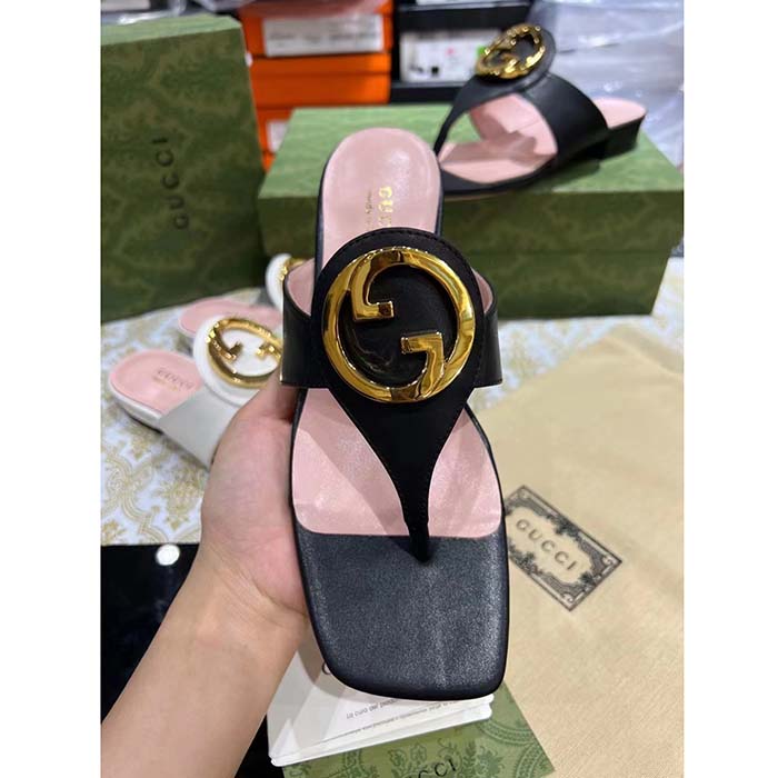 Gucci Women GG Blondie Thong Sandal Black Leather Round Interlocking G 1.5 CM Heel
