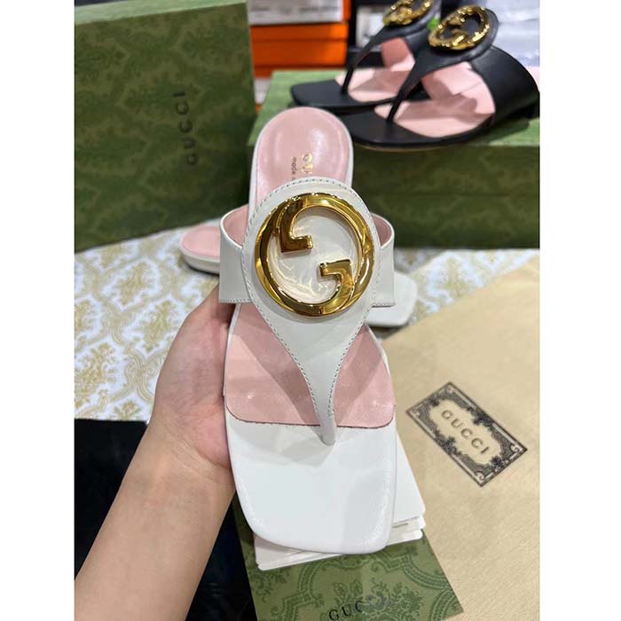 Gucci Women GG Blondie Thong Sandal White Leather Round Interlocking G 1.5 CM Heel