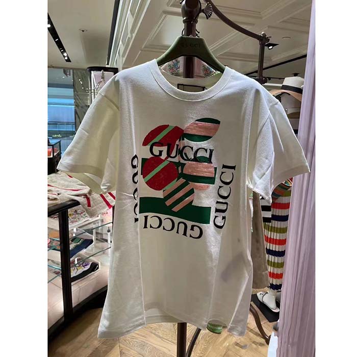 Gucci Men GG Cotton Jersey Printed T-Shirt Off White Cherry Sequin Embroidery