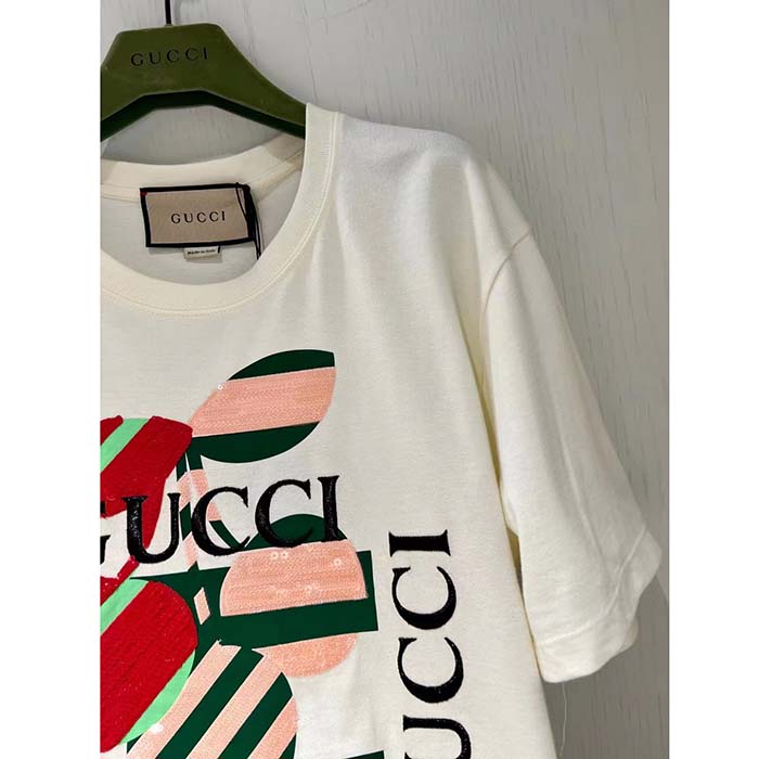 Gucci Men GG Cotton Jersey Printed T-Shirt Off White Cherry Sequin Embroidery