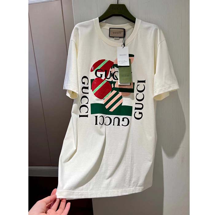 Gucci Men GG Cotton Jersey Printed T-Shirt Off White Cherry Sequin Embroidery