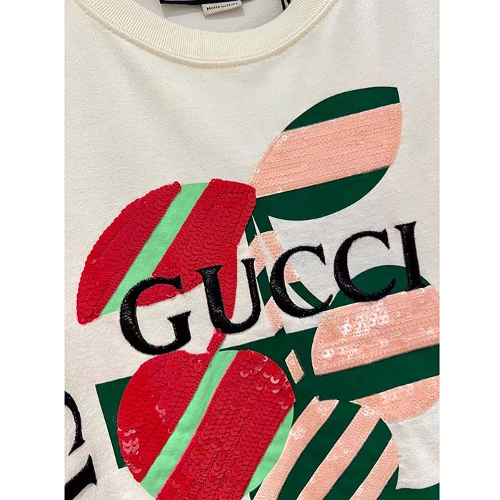 Gucci Men GG Cotton Jersey Printed T-Shirt Off White Cherry Sequin Embroidery