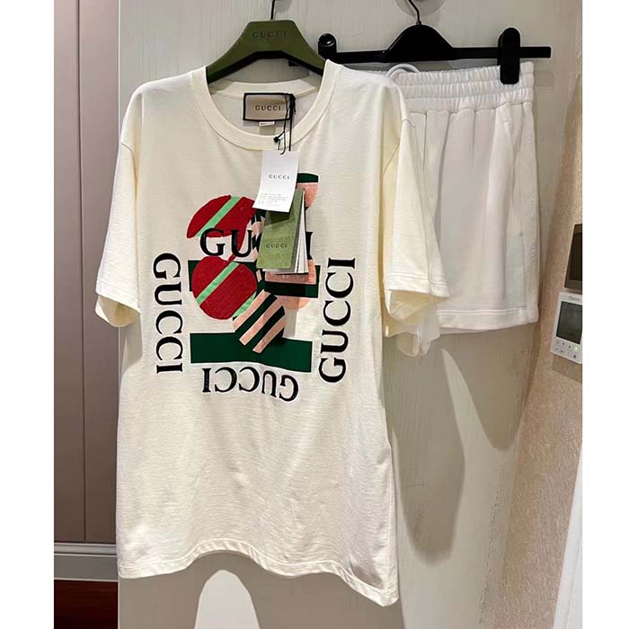 Gucci Men GG Cotton Jersey Printed T-Shirt Off White Cherry Sequin Embroidery