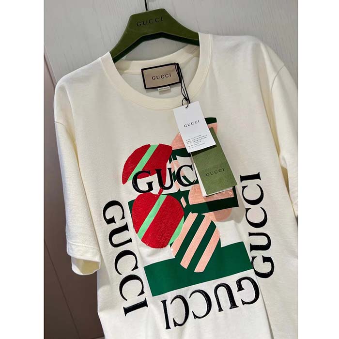 Gucci Men GG Cotton Jersey Printed T-Shirt Off White Cherry Sequin Embroidery