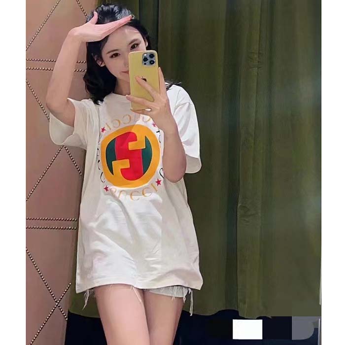 Gucci Women GG Cotton Jersey Printed T-Shirt Off White Crewneck Short Sleeves