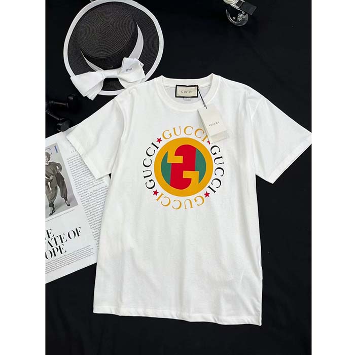 Gucci Men GG Cotton Jersey Printed T-Shirt Off White Crewneck Short Sleeves