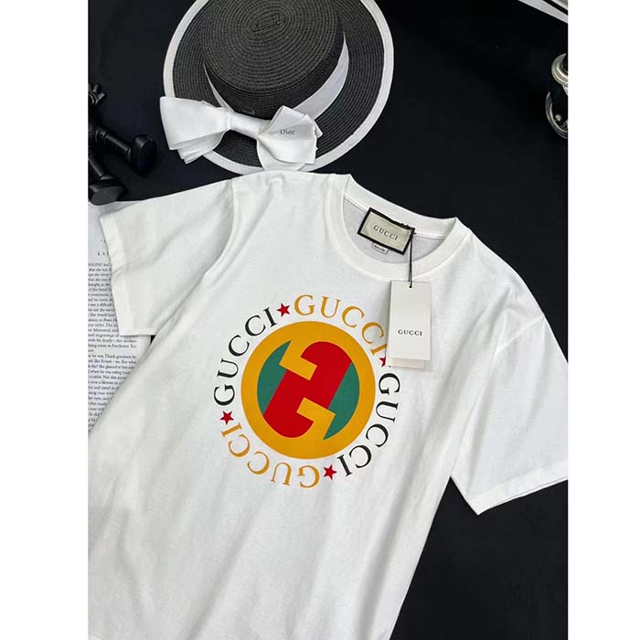 Gucci Men GG Cotton Jersey Printed T-Shirt Off White Crewneck Short Sleeves