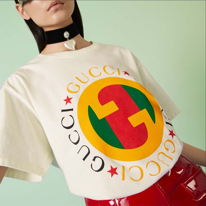 Gucci Women GG Cotton Jersey Printed T-Shirt Off White Crewneck Short Sleeves