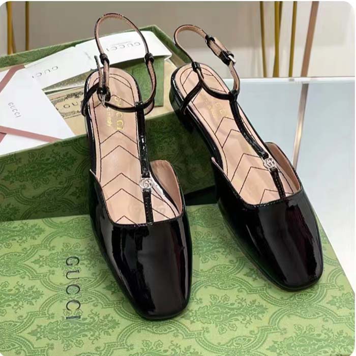 Gucci Women GG Double G Ballet Flat Black Patent Leather Square Toe