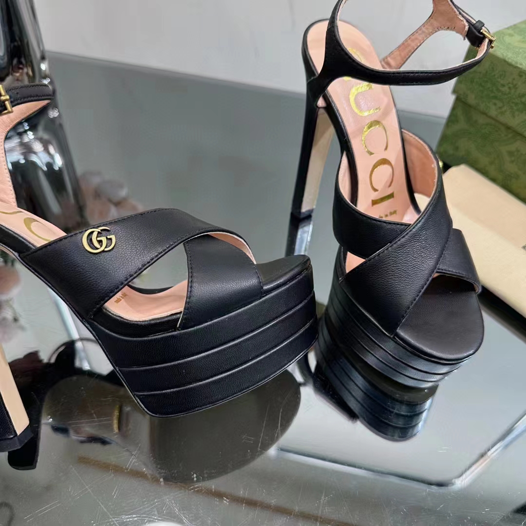 Gucci Women GG Horsebit Platform Sandal Black Leather Double G High 13 CM Heel