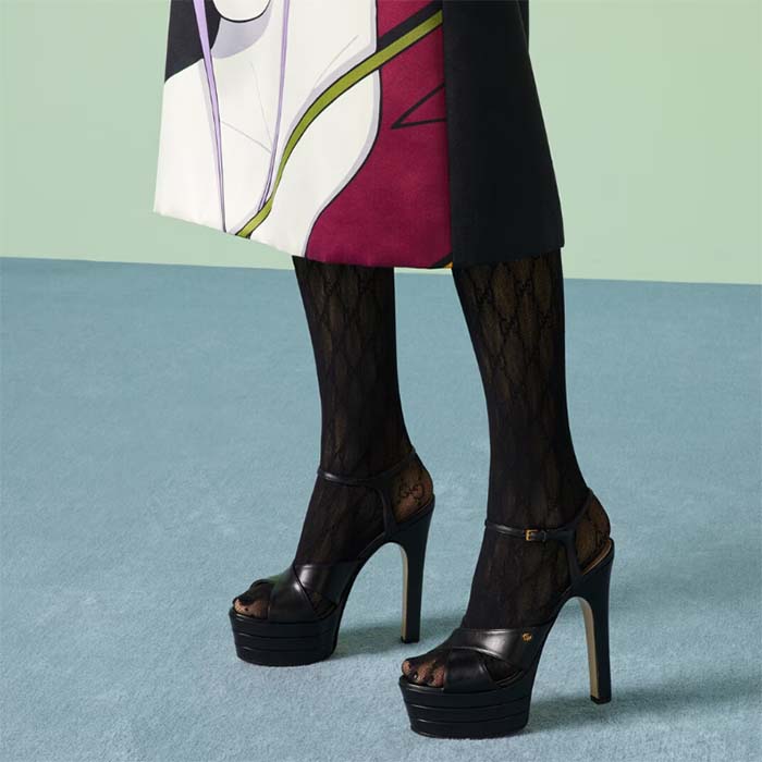 Gucci Women GG Horsebit Platform Sandal Black Leather Double G High 13 CM Heel