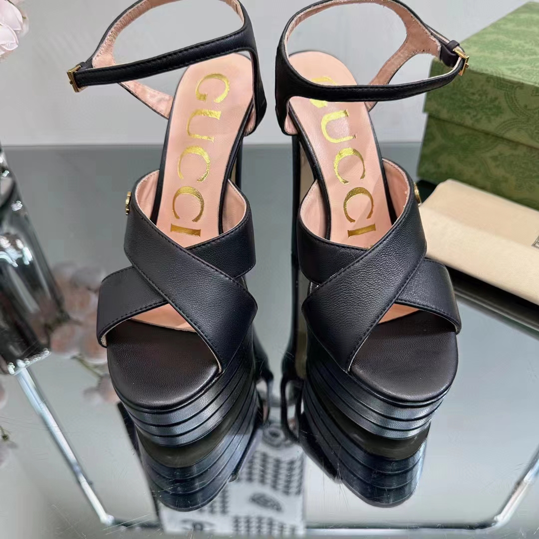 Gucci Women GG Horsebit Platform Sandal Black Leather Double G High 13 CM Heel
