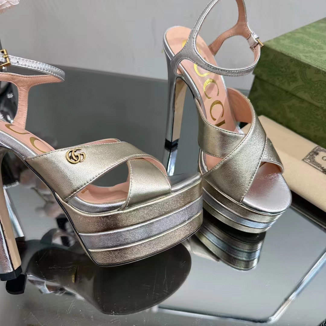 Gucci Women GG Horsebit Platform Sandal Gold Silver Metallic Leather High 13 CM Heel