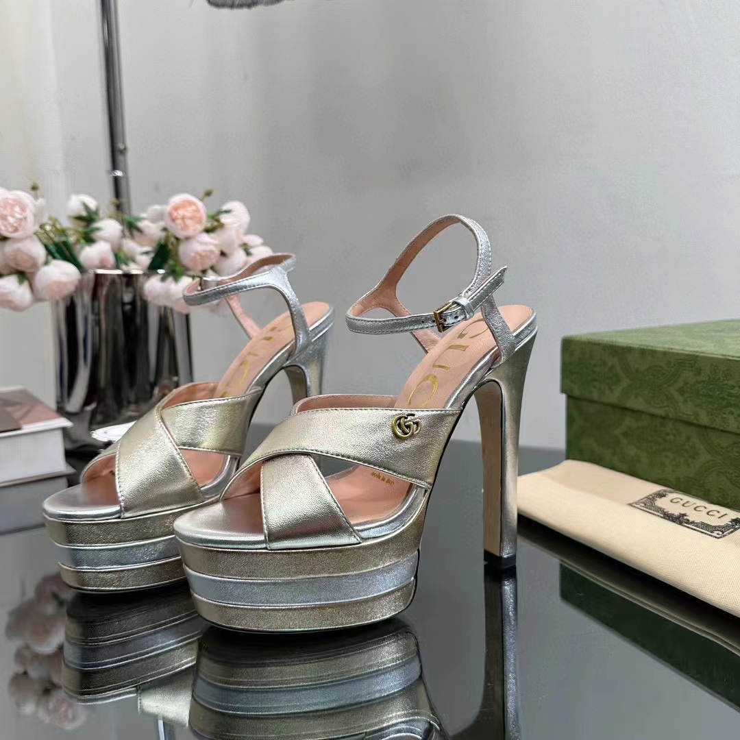 Gucci Women GG Horsebit Platform Sandal Gold Silver Metallic Leather High 13 CM Heel