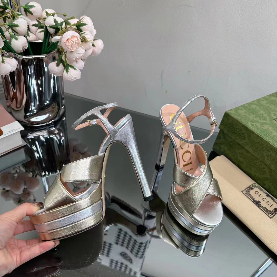 Gucci Women GG Horsebit Platform Sandal Gold Silver Metallic Leather High 13 CM Heel