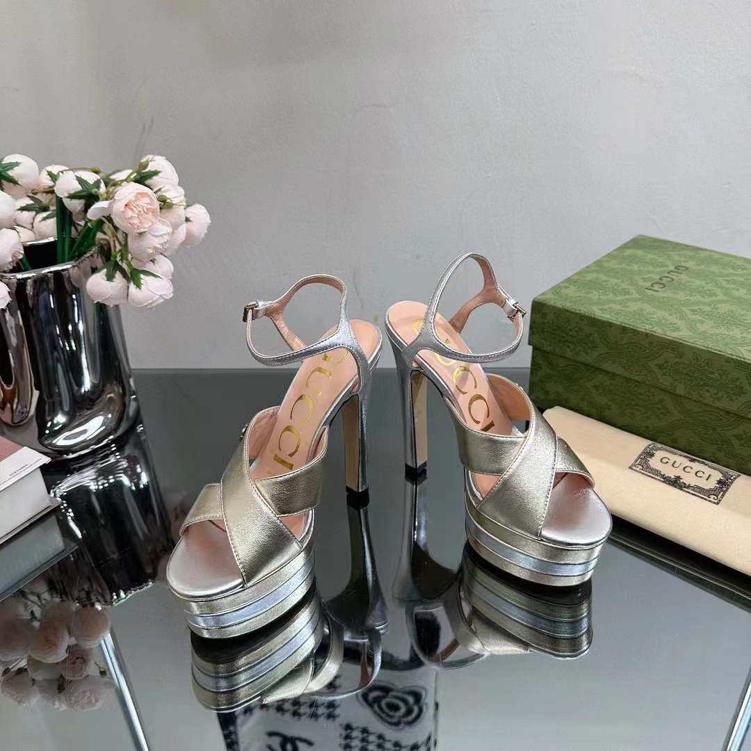 Gucci Women GG Horsebit Platform Sandal Gold Silver Metallic Leather High 13 CM Heel
