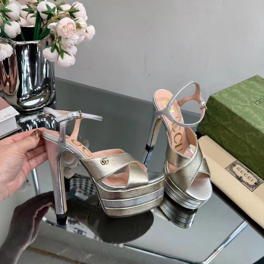 Gucci Women GG Horsebit Platform Sandal Gold Silver Metallic Leather High 13 CM Heel