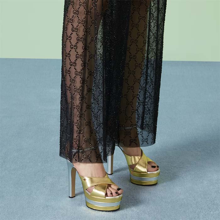 Gucci Women GG Horsebit Platform Sandal Gold Silver Metallic Leather High 13 CM Heel