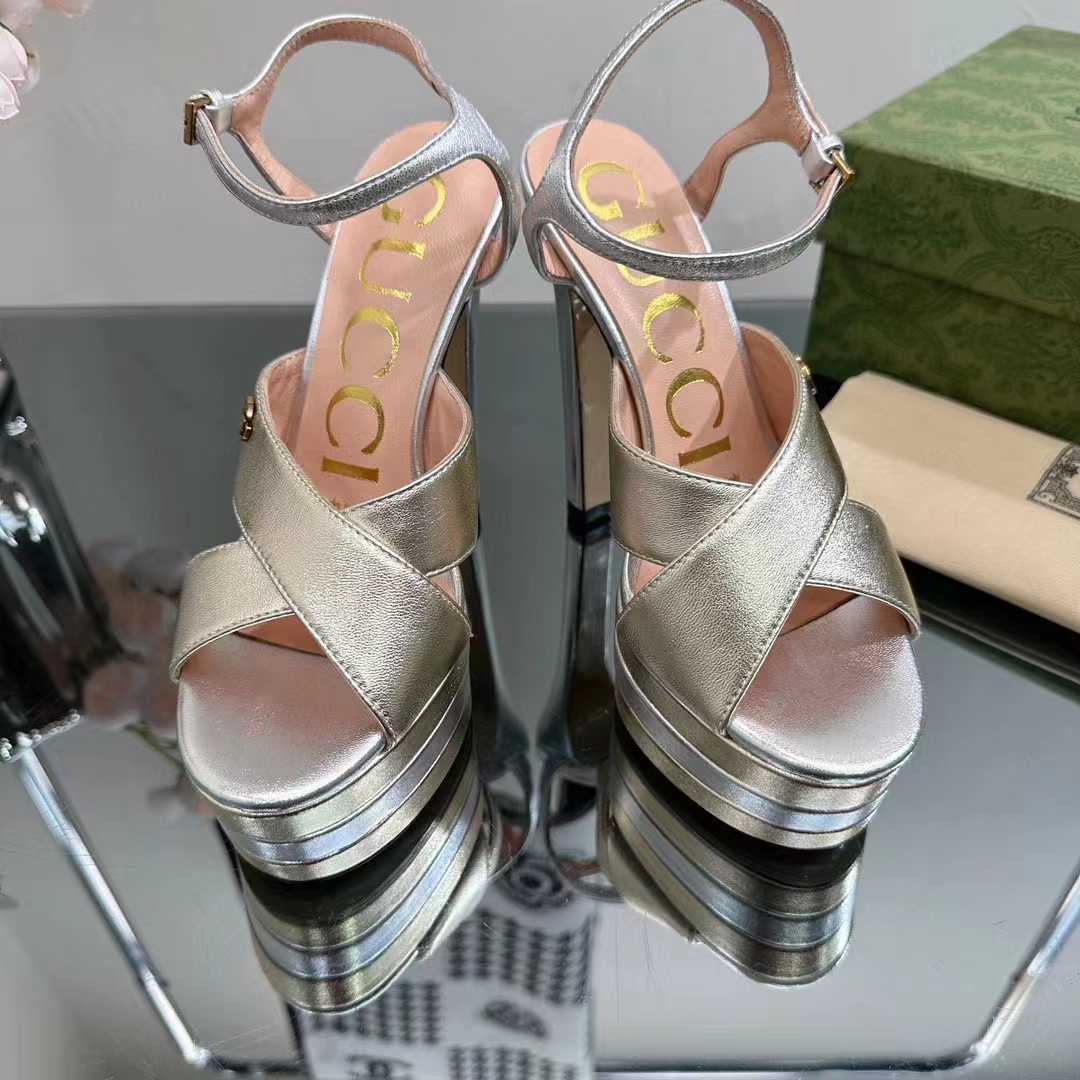 Gucci Women GG Horsebit Platform Sandal Gold Silver Metallic Leather High 13 CM Heel