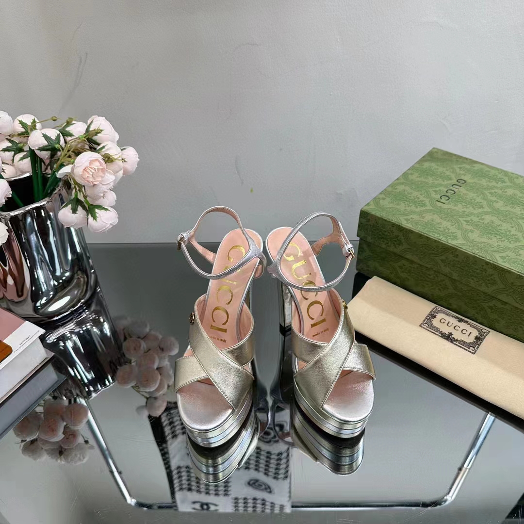 Gucci Women GG Horsebit Platform Sandal Gold Silver Metallic Leather High 13 CM Heel
