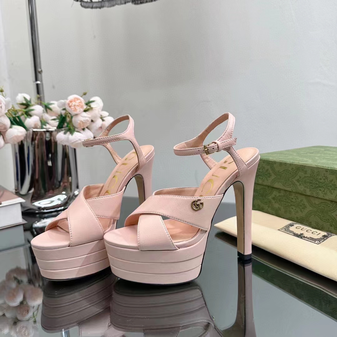 Gucci Women GG Horsebit Platform Sandal Light Pink Leather High 13 CM Heel