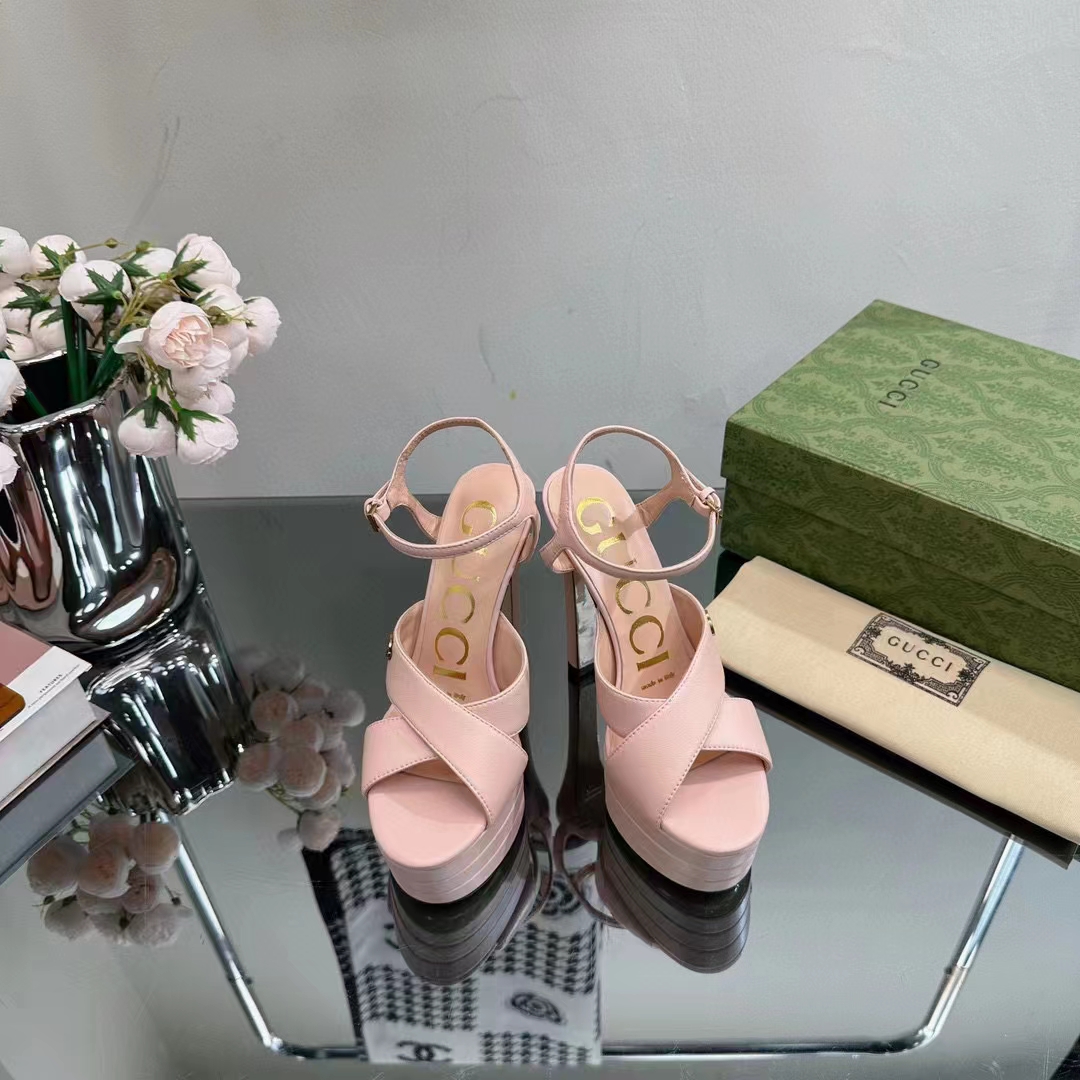 Gucci Women GG Horsebit Platform Sandal Light Pink Leather High 13 CM Heel