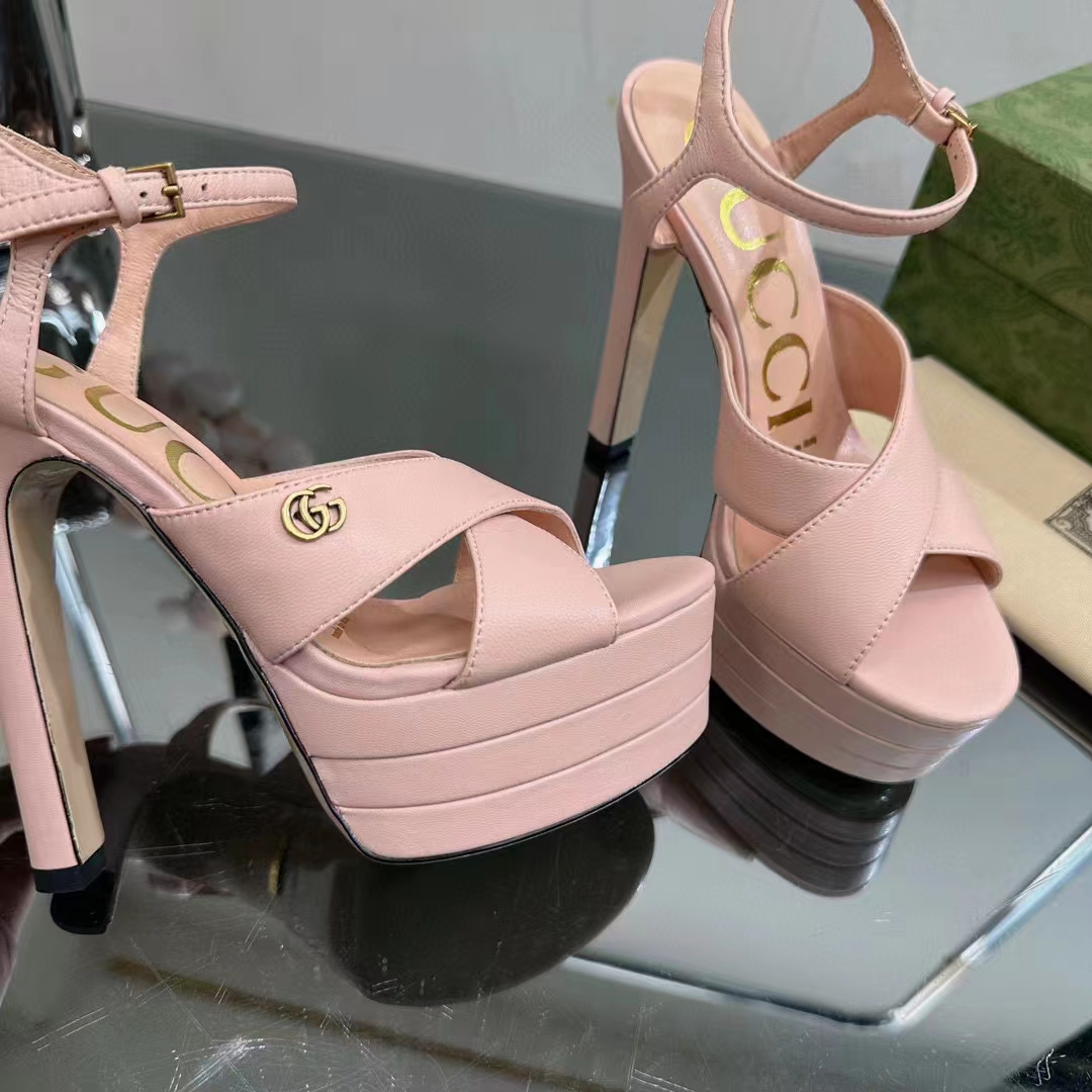 Gucci Women GG Horsebit Platform Sandal Light Pink Leather High 13 CM Heel