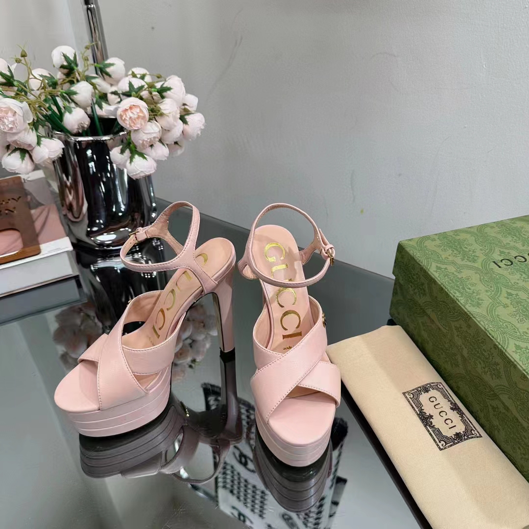 Gucci Women GG Horsebit Platform Sandal Light Pink Leather High 13 CM Heel