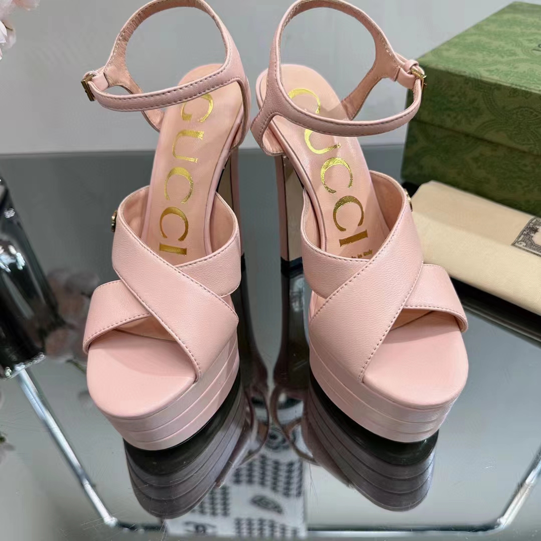 Gucci Women GG Horsebit Platform Sandal Light Pink Leather High 13 CM Heel