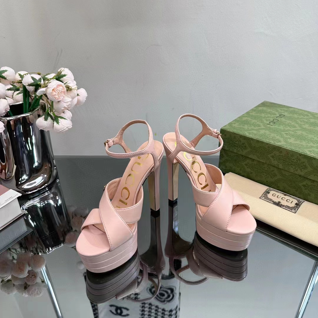 Gucci Women GG Horsebit Platform Sandal Light Pink Leather High 13 CM Heel