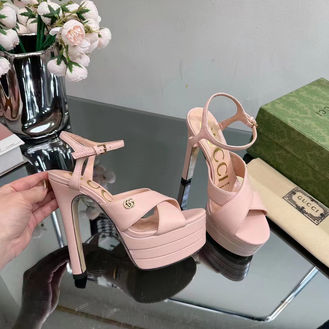 Gucci Women GG Horsebit Platform Sandal Light Pink Leather High 13 CM Heel