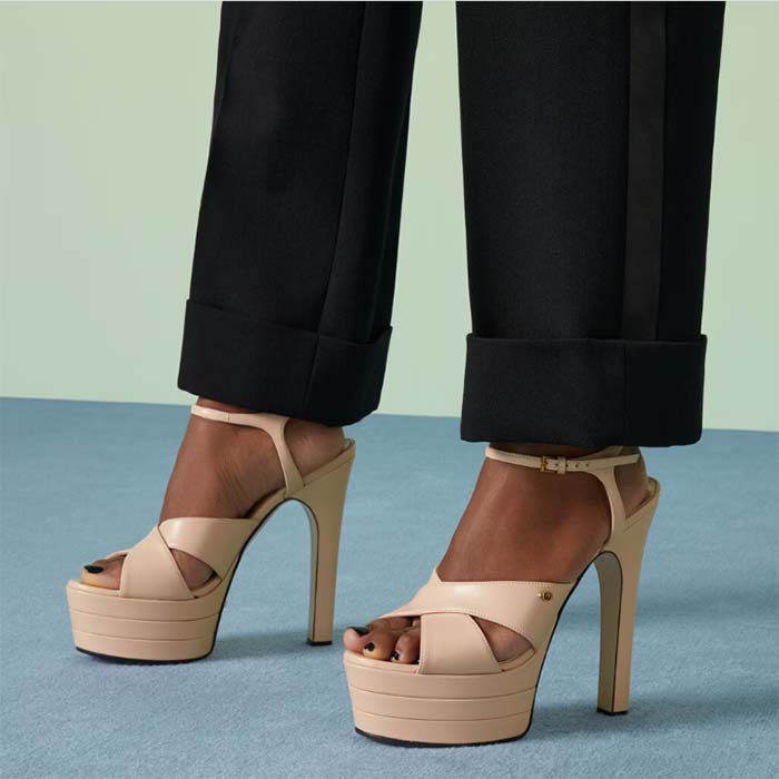 Gucci Women GG Horsebit Platform Sandal Light Pink Leather High 13 CM Heel
