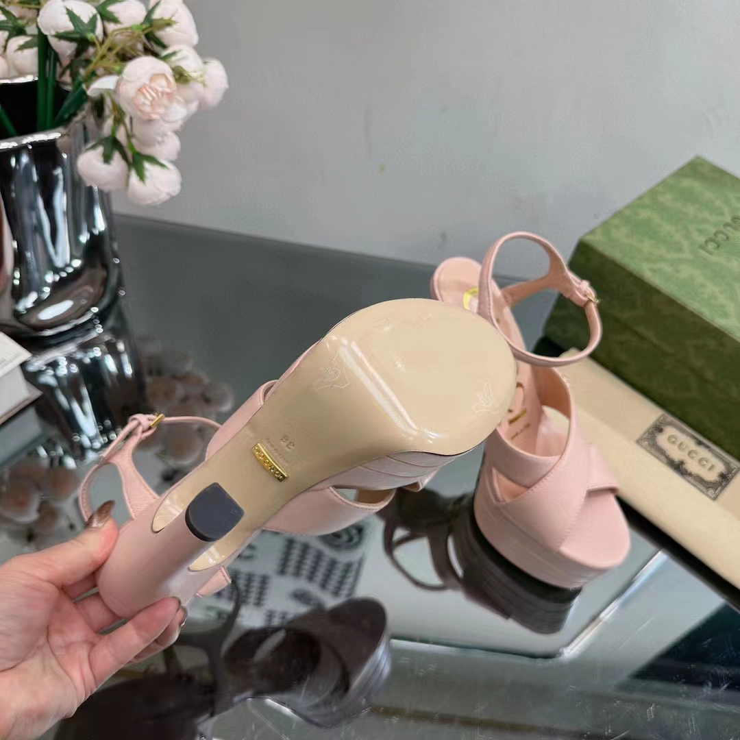 Gucci Women GG Horsebit Platform Sandal Light Pink Leather High 13 CM Heel