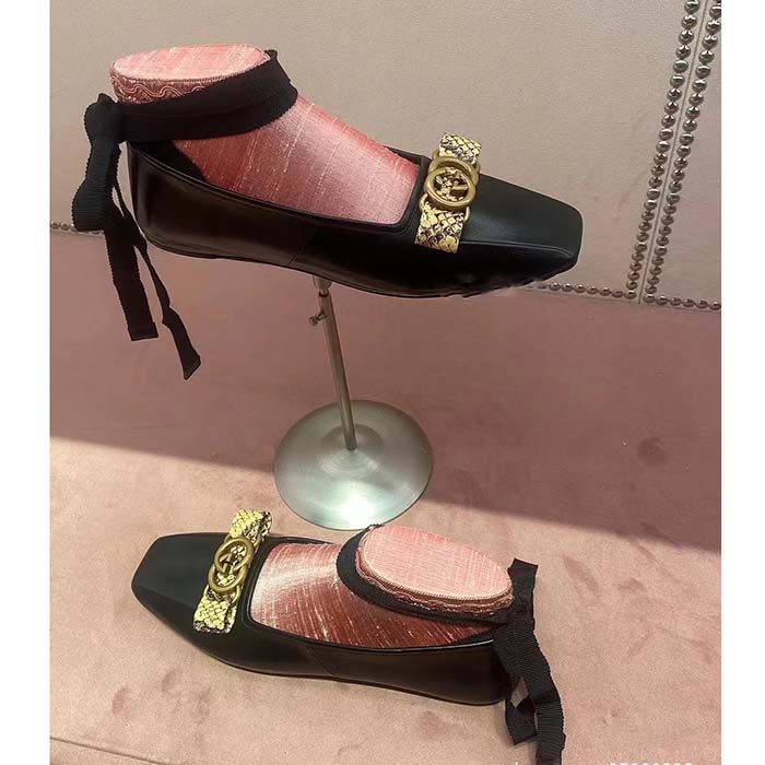 Gucci Women GG Interlocking G Ballet Flat Black Leather Python Print Leather Bow
