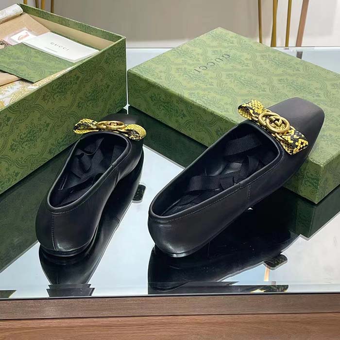Gucci Women GG Interlocking G Ballet Flat Black Leather Python Print Leather Bow