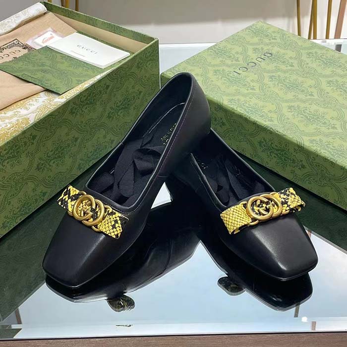Gucci Women GG Interlocking G Ballet Flat Black Leather Python Print Leather Bow